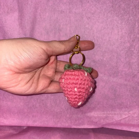 Handmade Pink OR Red Strawberry Crochet Keychain - Picture 1 of 2